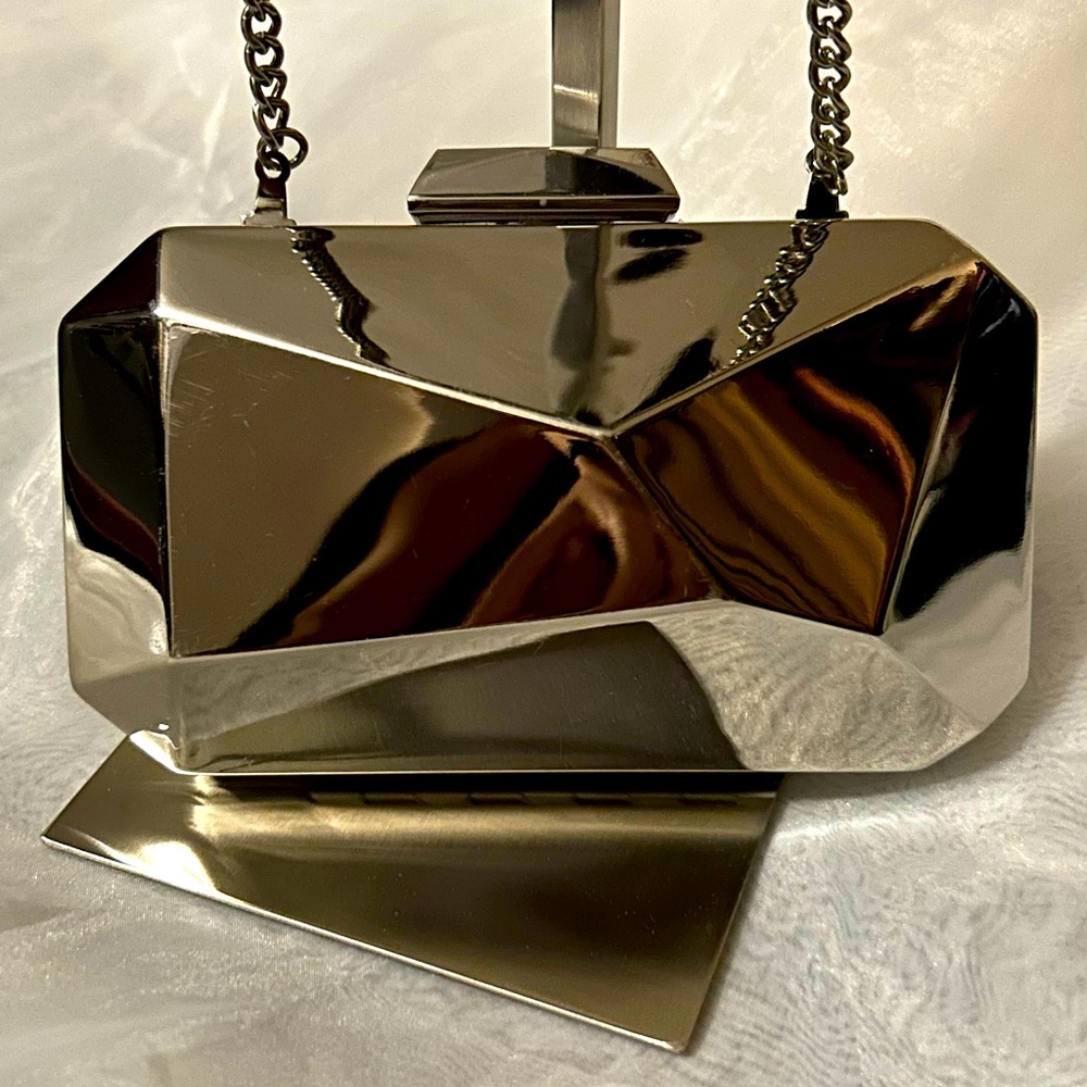 Evening clutch bag silver metal hexagon design removable straps
